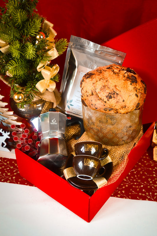 Confezione regalo Panettone, moka, caffè e tazze espresso